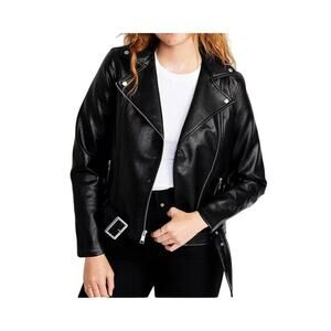 Old Navy Faux Leather Belted Biker Jacket Women Small Tall Black Edgy Retro NEW!